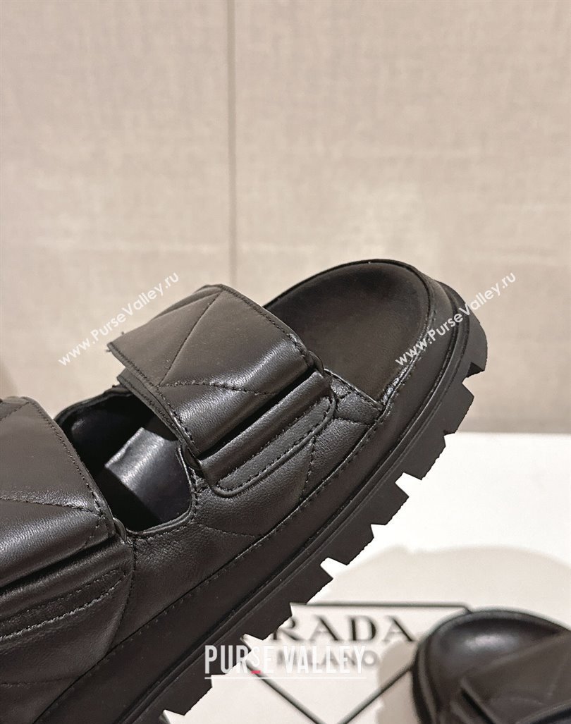 Prada Quilted Nappa Leather Strap Flat Slide Sandals Black 2024 0430 (MD-240430037)