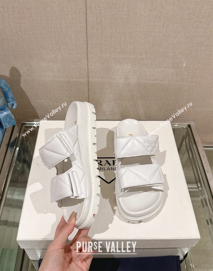 Prada Quilted Nappa Leather Strap Flat Slide Sandals White 2024 0430 (MD-240430038)