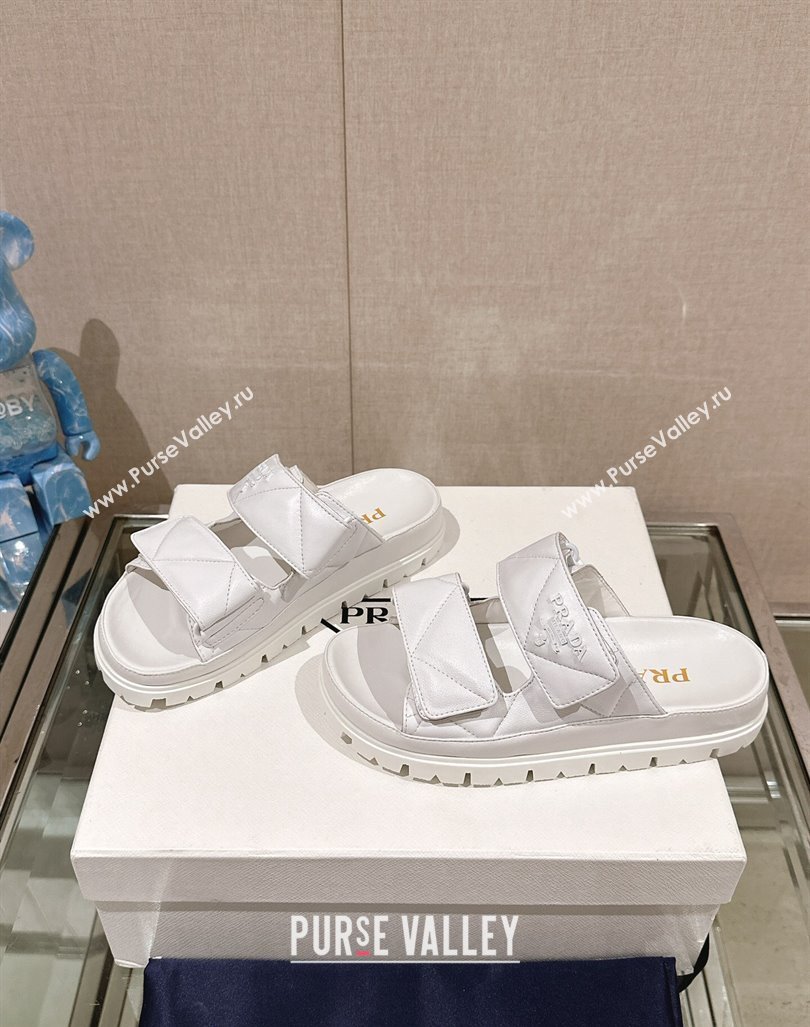 Prada Quilted Nappa Leather Strap Flat Slide Sandals White 2024 0430 (MD-240430038)