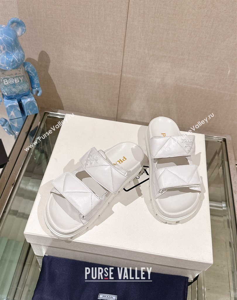 Prada Quilted Nappa Leather Strap Flat Slide Sandals White 2024 0430 (MD-240430038)