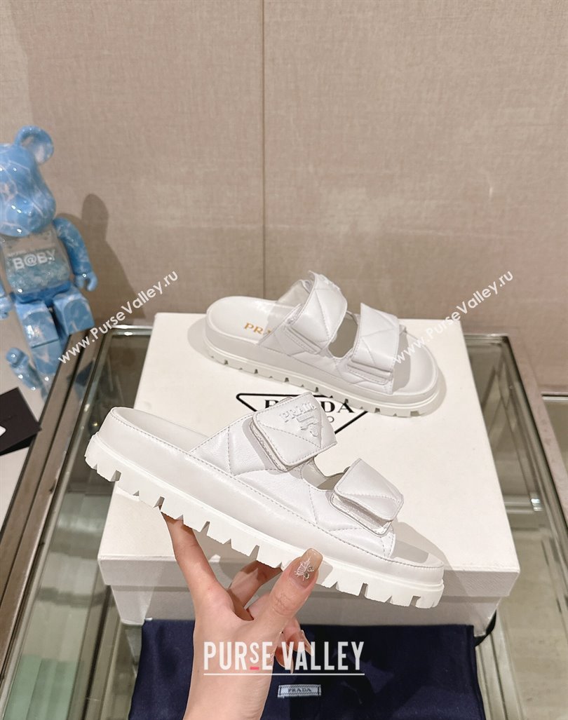 Prada Quilted Nappa Leather Strap Flat Slide Sandals White 2024 0430 (MD-240430038)