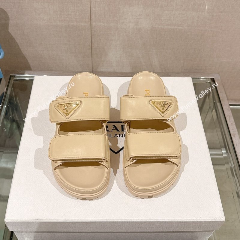 Prada Shiny Nappa Leather Strap Flat Slide Sandals Beige 2024 0430 (MD-240430039)