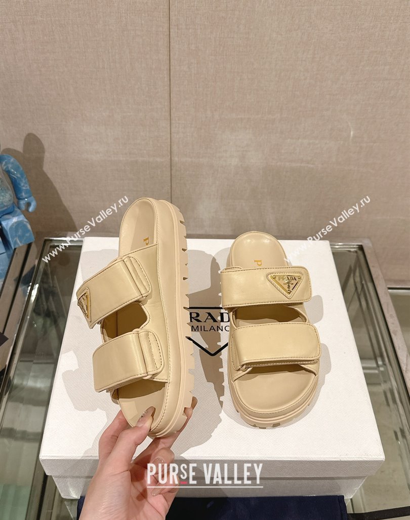 Prada Shiny Nappa Leather Strap Flat Slide Sandals Beige 2024 0430 (MD-240430039)
