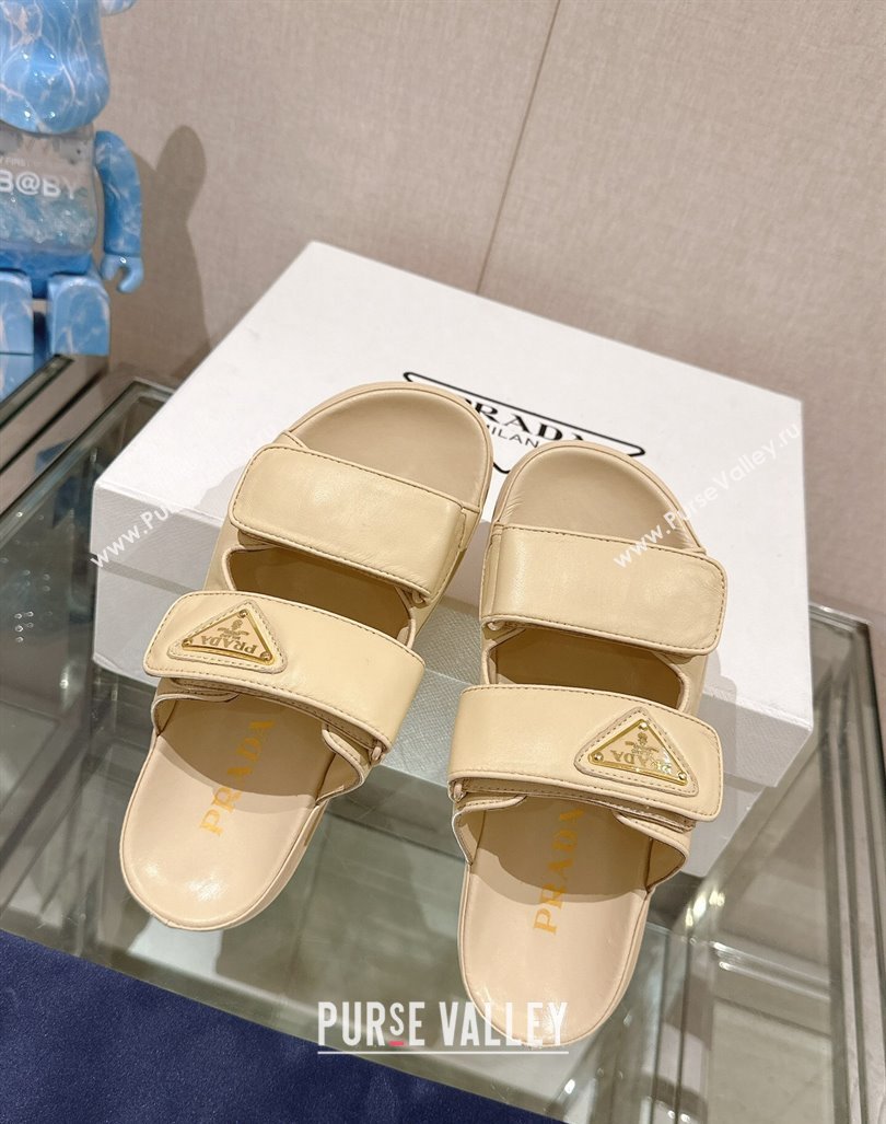 Prada Shiny Nappa Leather Strap Flat Slide Sandals Beige 2024 0430 (MD-240430039)