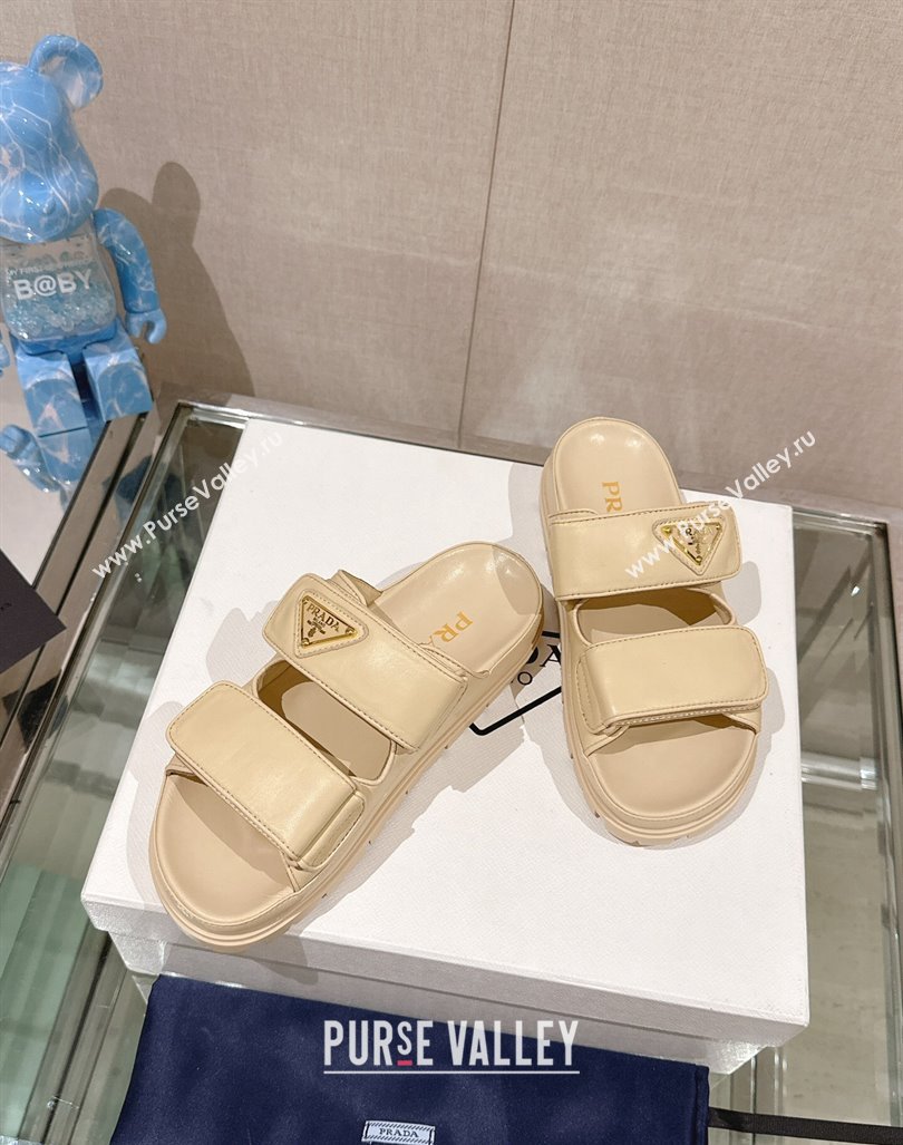 Prada Shiny Nappa Leather Strap Flat Slide Sandals Beige 2024 0430 (MD-240430039)