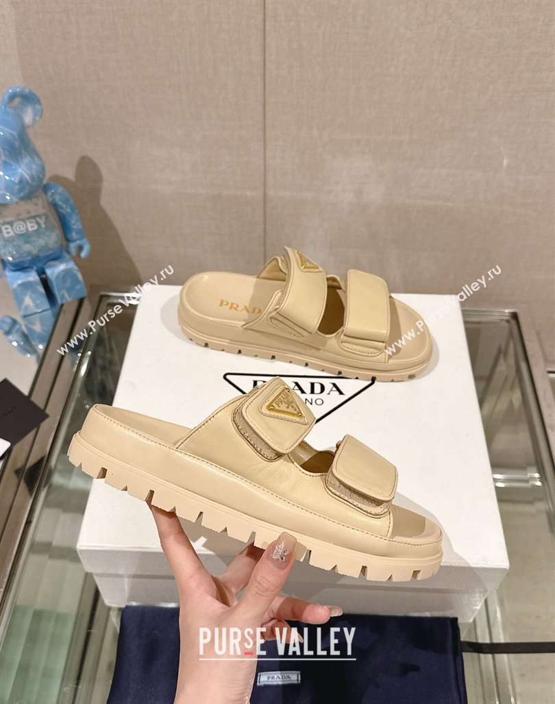 Prada Shiny Nappa Leather Strap Flat Slide Sandals Beige 2024 0430 (MD-240430039)
