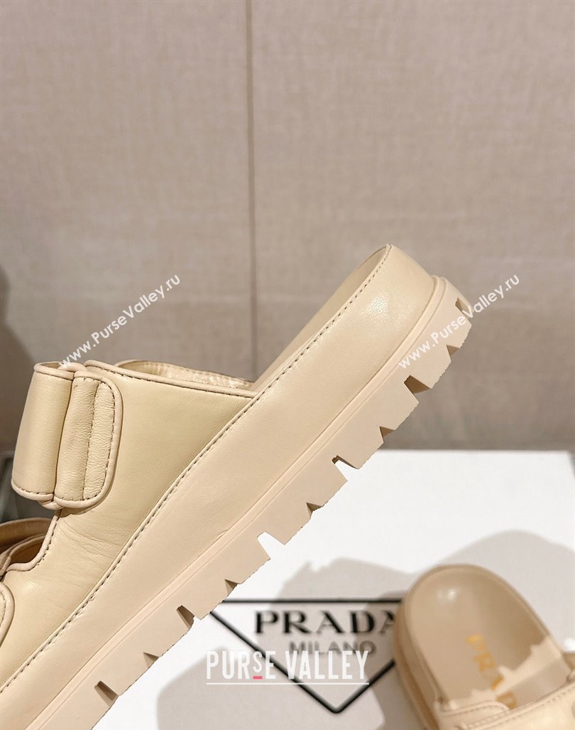 Prada Shiny Nappa Leather Strap Flat Slide Sandals Beige 2024 0430 (MD-240430039)
