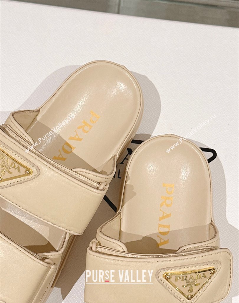 Prada Shiny Nappa Leather Strap Flat Slide Sandals Beige 2024 0430 (MD-240430039)