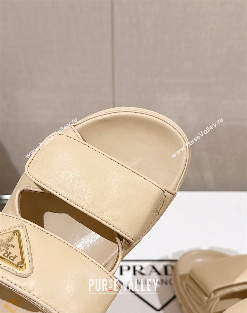 Prada Shiny Nappa Leather Strap Flat Slide Sandals Beige 2024 0430 (MD-240430039)