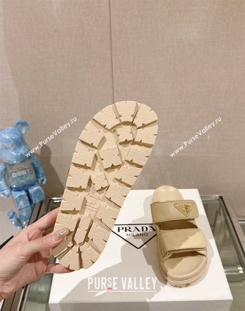 Prada Shiny Nappa Leather Strap Flat Slide Sandals Beige 2024 0430 (MD-240430039)