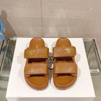 Prada Shiny Nappa Leather Strap Flat Slide Sandals Brown 2024 0430 (MD-240430040)