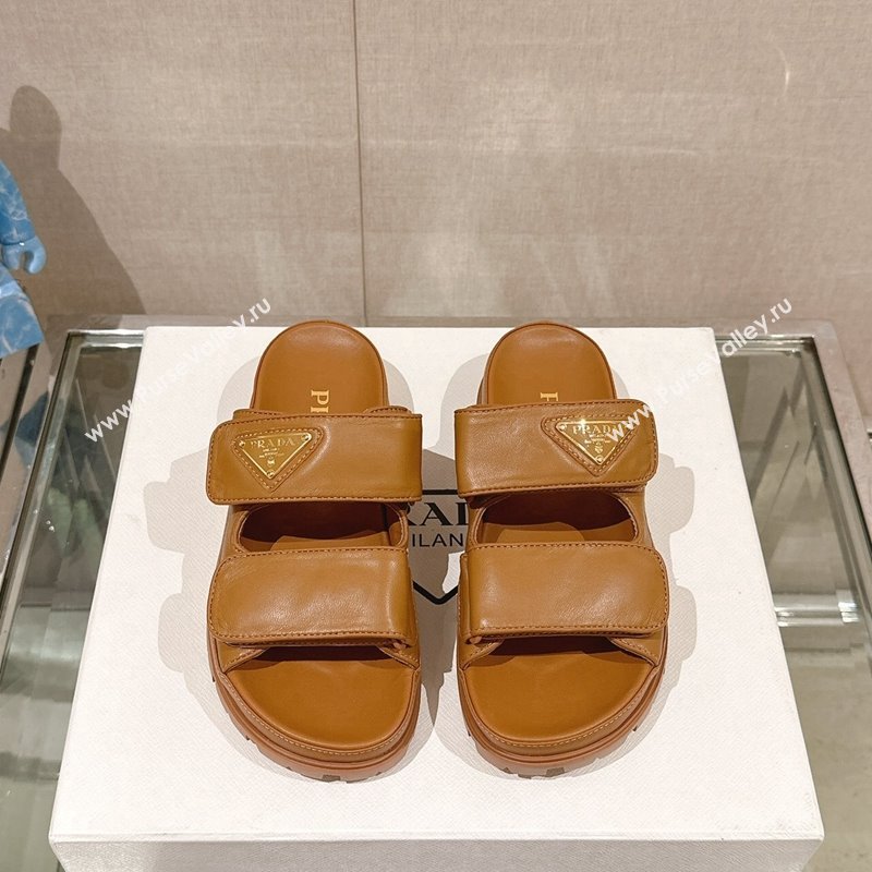 Prada Shiny Nappa Leather Strap Flat Slide Sandals Brown 2024 0430 (MD-240430040)