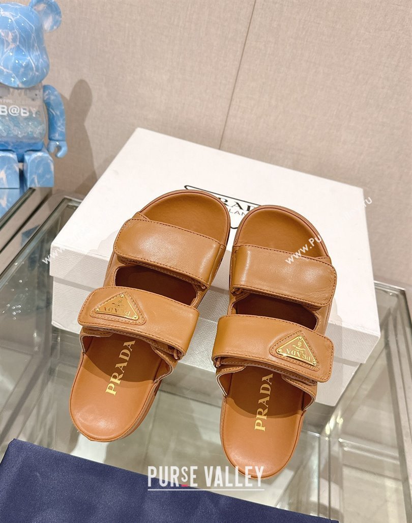 Prada Shiny Nappa Leather Strap Flat Slide Sandals Brown 2024 0430 (MD-240430040)