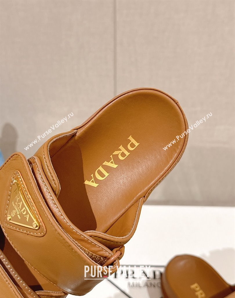 Prada Shiny Nappa Leather Strap Flat Slide Sandals Brown 2024 0430 (MD-240430040)