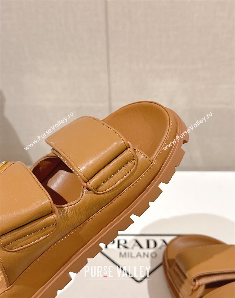 Prada Shiny Nappa Leather Strap Flat Slide Sandals Brown 2024 0430 (MD-240430040)