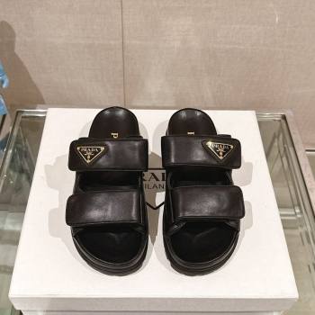 Prada Shiny Nappa Leather Strap Flat Slide Sandals Black 2024 0430 (MD-240430041)