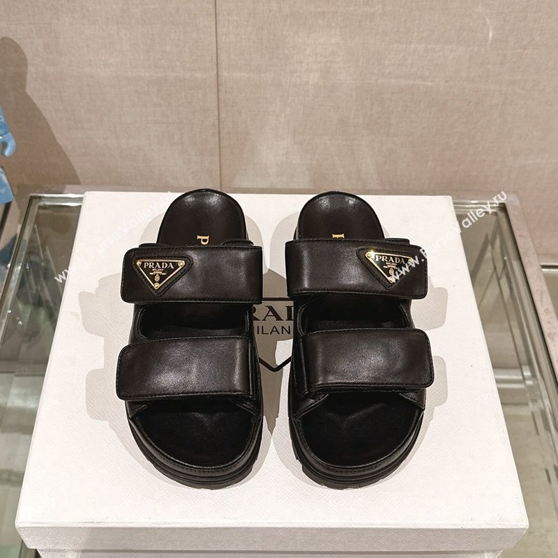 Prada Shiny Nappa Leather Strap Flat Slide Sandals Black 2024 0430 (MD-240430041)