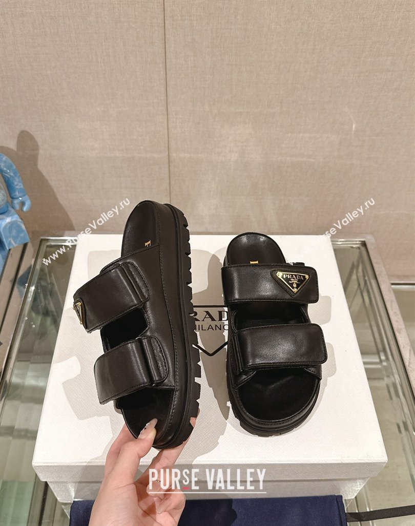 Prada Shiny Nappa Leather Strap Flat Slide Sandals Black 2024 0430 (MD-240430041)