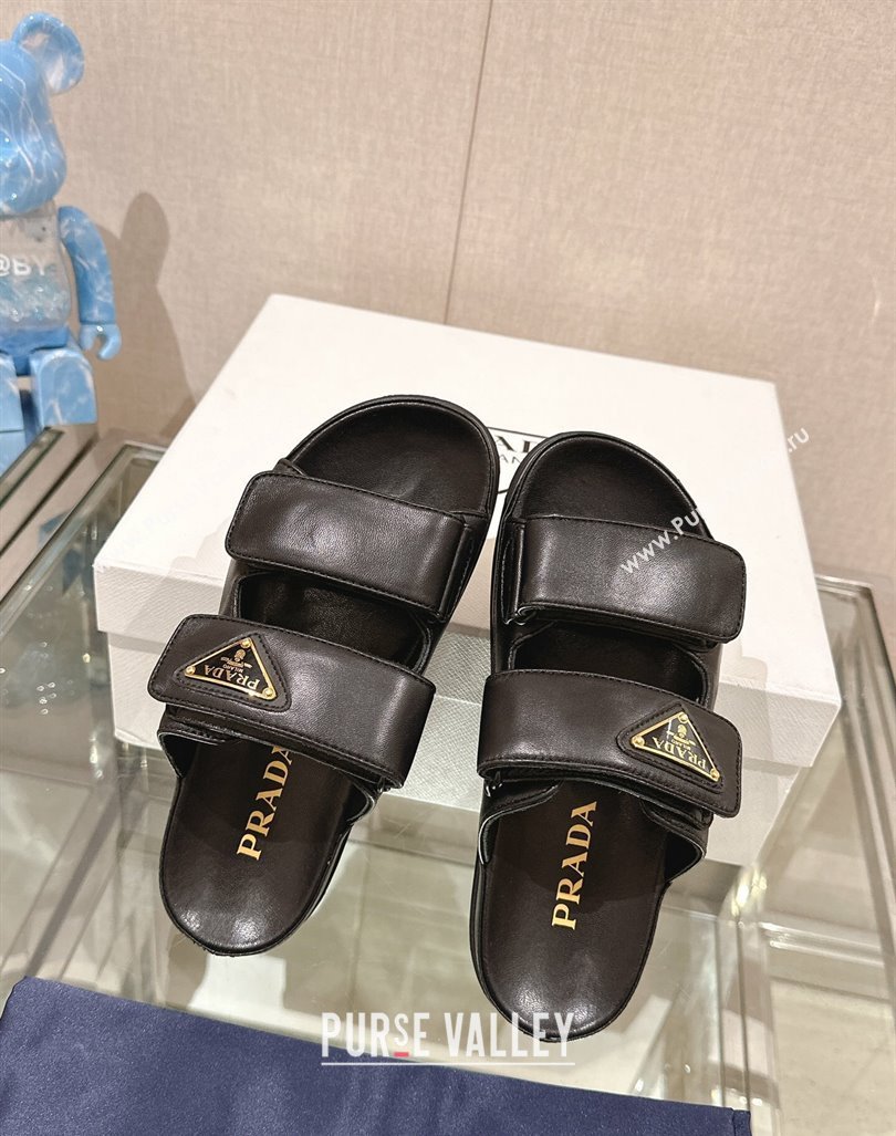 Prada Shiny Nappa Leather Strap Flat Slide Sandals Black 2024 0430 (MD-240430041)