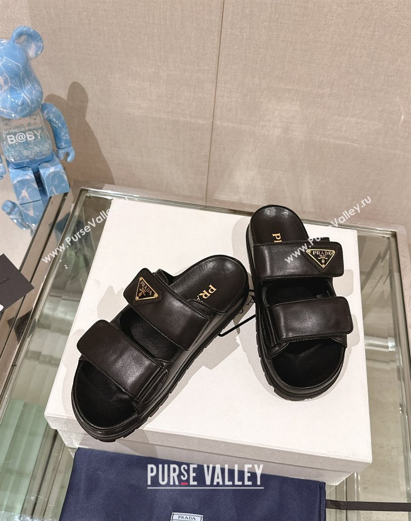 Prada Shiny Nappa Leather Strap Flat Slide Sandals Black 2024 0430 (MD-240430041)