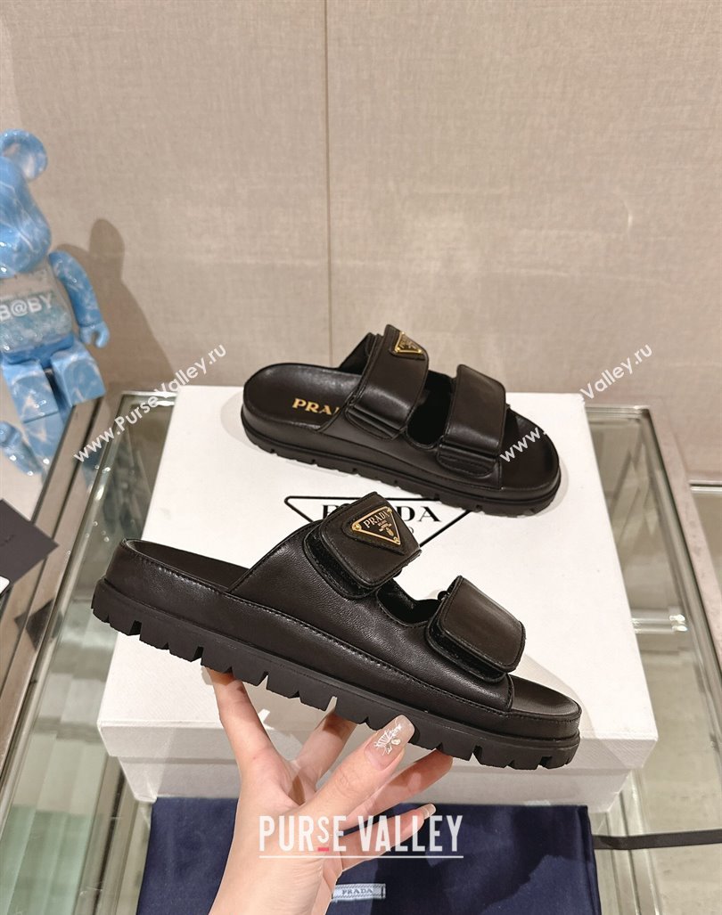Prada Shiny Nappa Leather Strap Flat Slide Sandals Black 2024 0430 (MD-240430041)