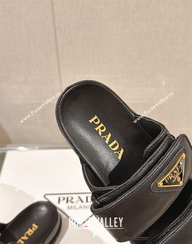 Prada Shiny Nappa Leather Strap Flat Slide Sandals Black 2024 0430 (MD-240430041)
