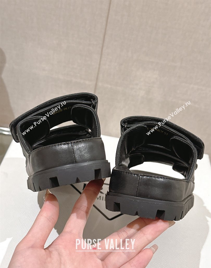 Prada Shiny Nappa Leather Strap Flat Slide Sandals Black 2024 0430 (MD-240430041)