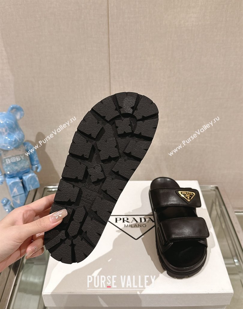 Prada Shiny Nappa Leather Strap Flat Slide Sandals Black 2024 0430 (MD-240430041)
