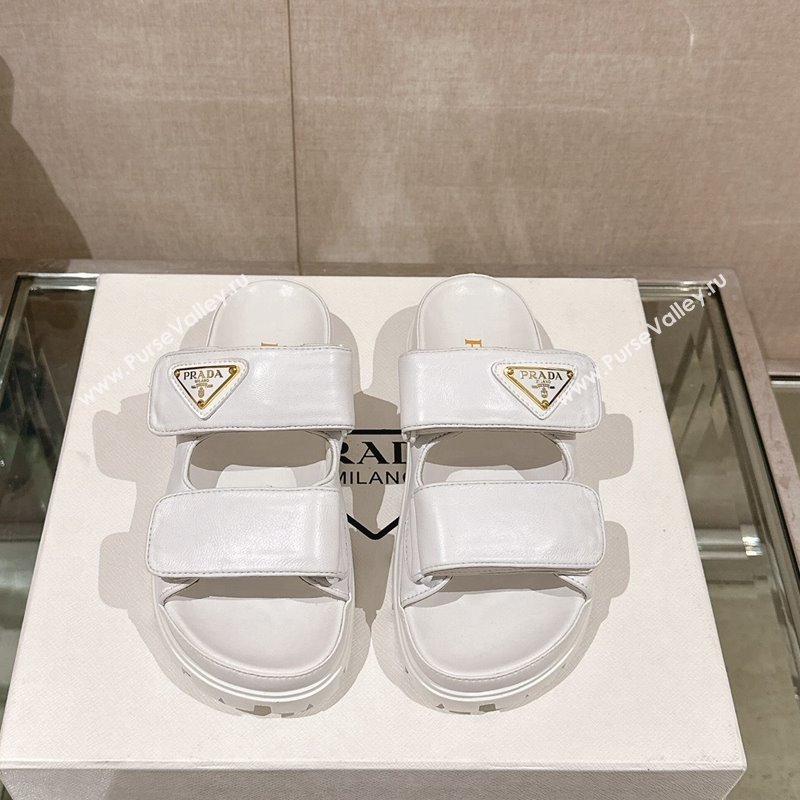 Prada Shiny Nappa Leather Strap Flat Slide Sandals White 2024 0430 (MD-240430042)