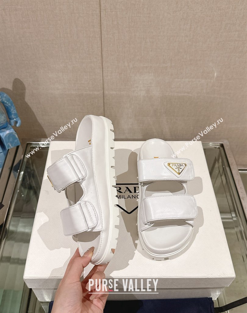 Prada Shiny Nappa Leather Strap Flat Slide Sandals White 2024 0430 (MD-240430042)