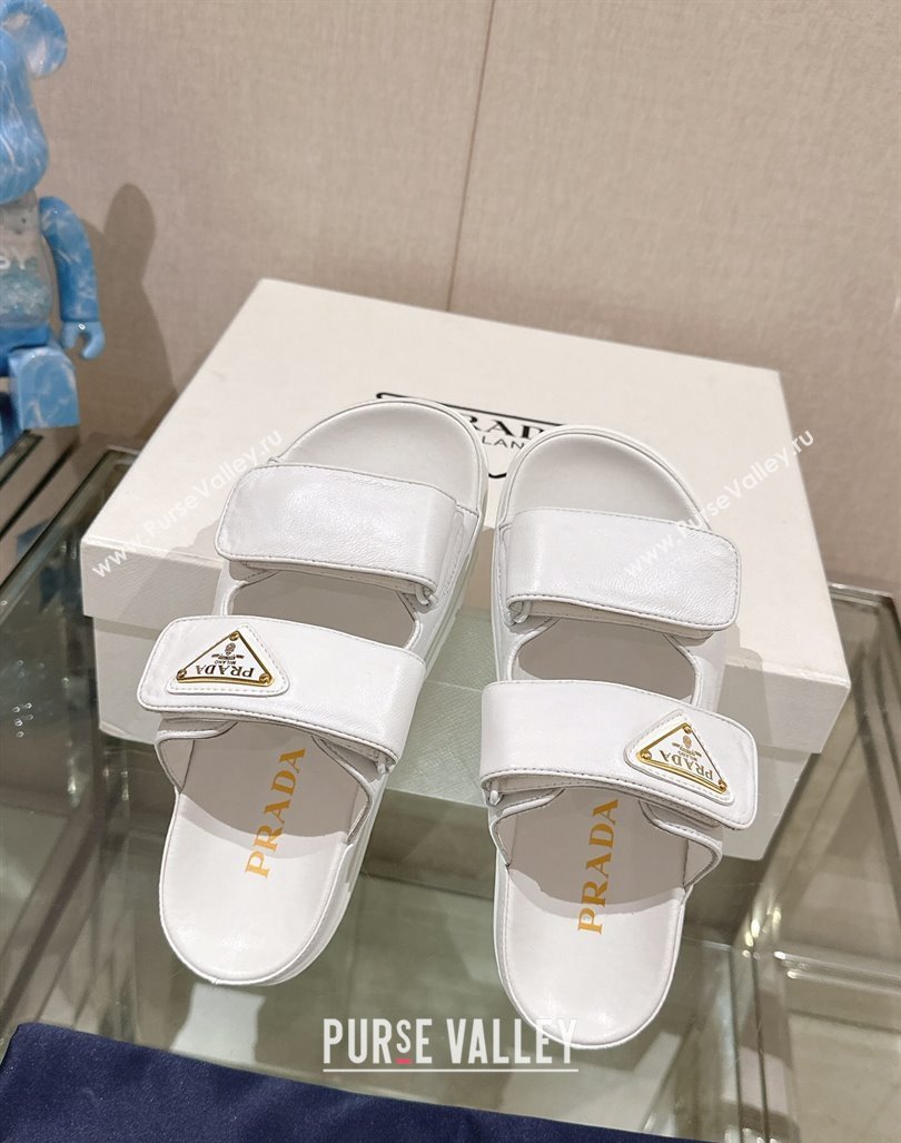 Prada Shiny Nappa Leather Strap Flat Slide Sandals White 2024 0430 (MD-240430042)