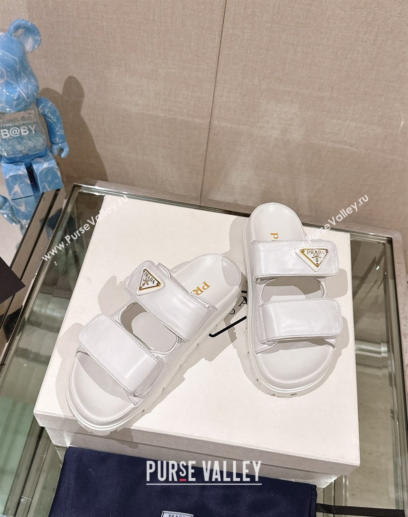 Prada Shiny Nappa Leather Strap Flat Slide Sandals White 2024 0430 (MD-240430042)