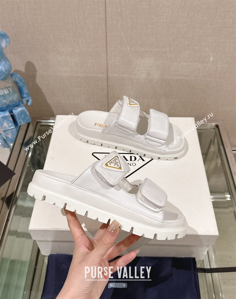 Prada Shiny Nappa Leather Strap Flat Slide Sandals White 2024 0430 (MD-240430042)