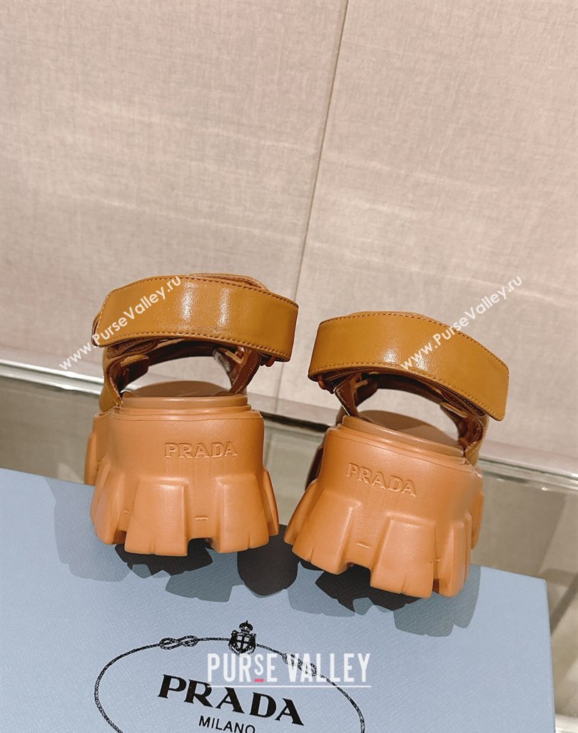 Prada Monolith Nappa Leather Platform Strap Sandals 5.5cm Brown 2024 0430 (MD-240430044)