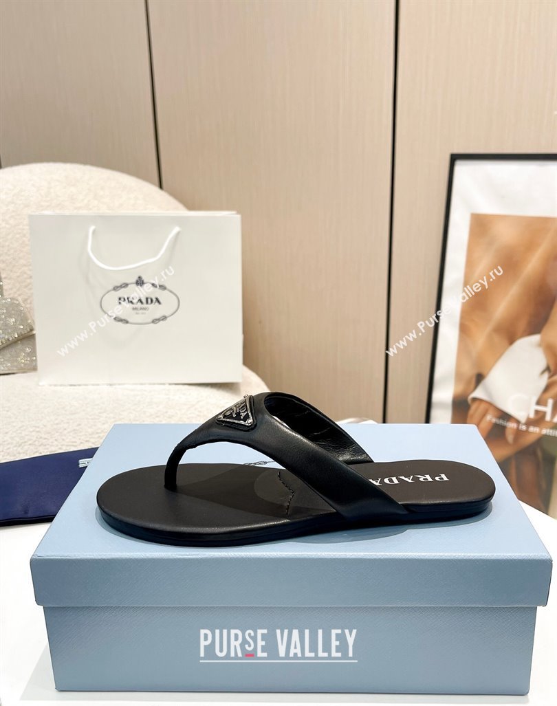 Prada Leather Flat Thong Slide Sandals Black 2024 0430 (MD-240430096)