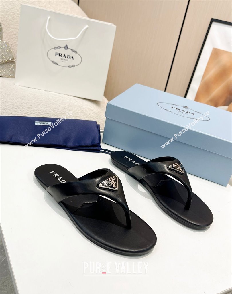 Prada Leather Flat Thong Slide Sandals Black 2024 0430 (MD-240430096)