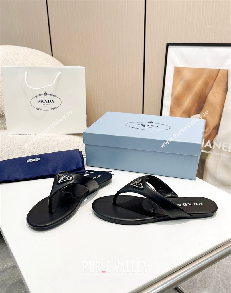 Prada Leather Flat Thong Slide Sandals Black 2024 0430 (MD-240430096)