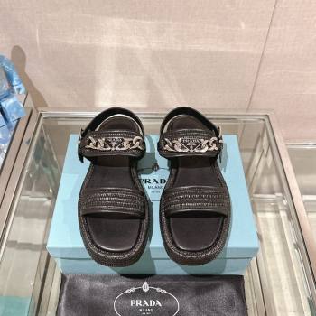 Prada Crochet Platform Flat Sandals with Chain Logo Black 2024 0430 (MD-240430001)