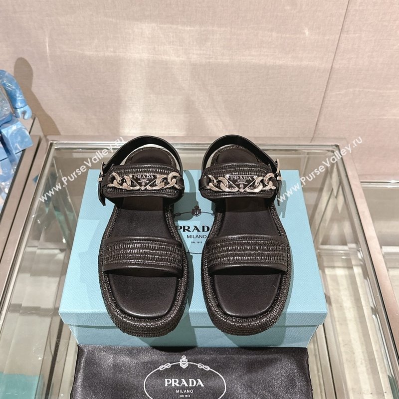 Prada Crochet Platform Flat Sandals with Chain Logo Black 2024 0430 (MD-240430001)