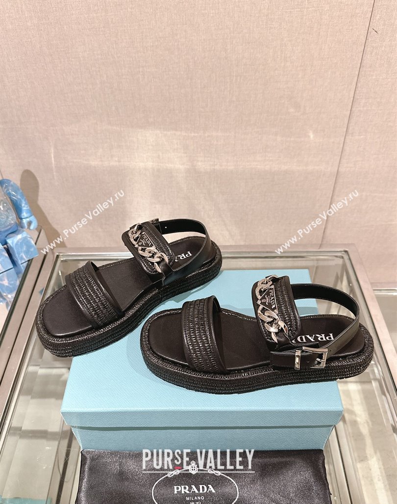 Prada Crochet Platform Flat Sandals with Chain Logo Black 2024 0430 (MD-240430001)