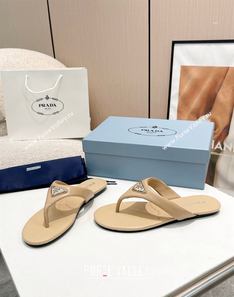 Prada Leather Flat Thong Slide Sandals Beige 2024 0430 (MD-240430097)