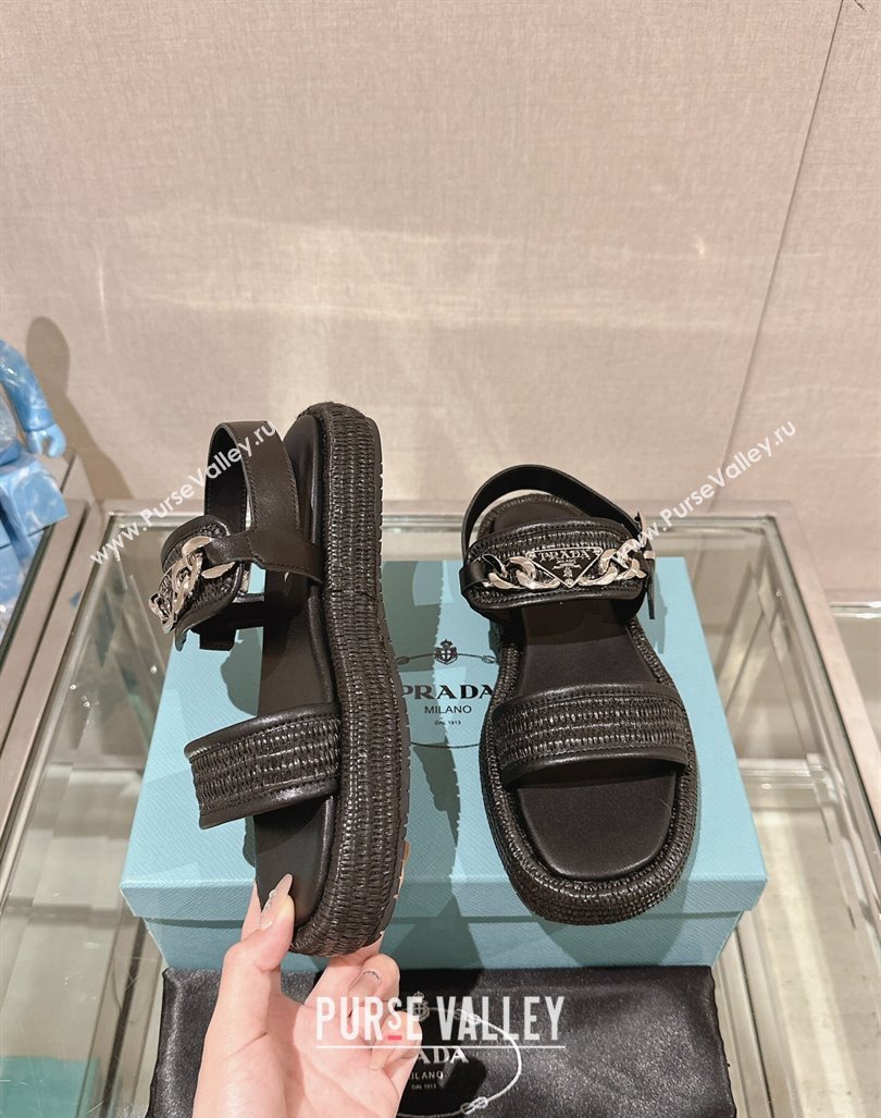 Prada Crochet Platform Flat Sandals with Chain Logo Black 2024 0430 (MD-240430001)