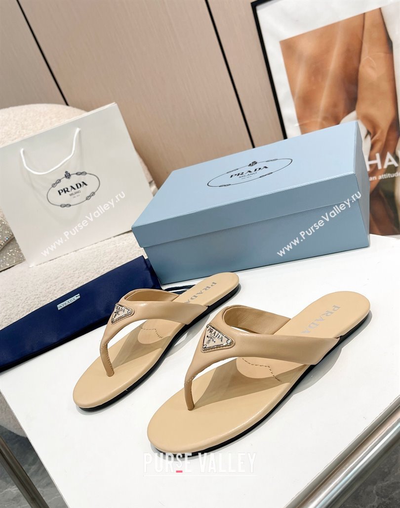 Prada Leather Flat Thong Slide Sandals Beige 2024 0430 (MD-240430097)