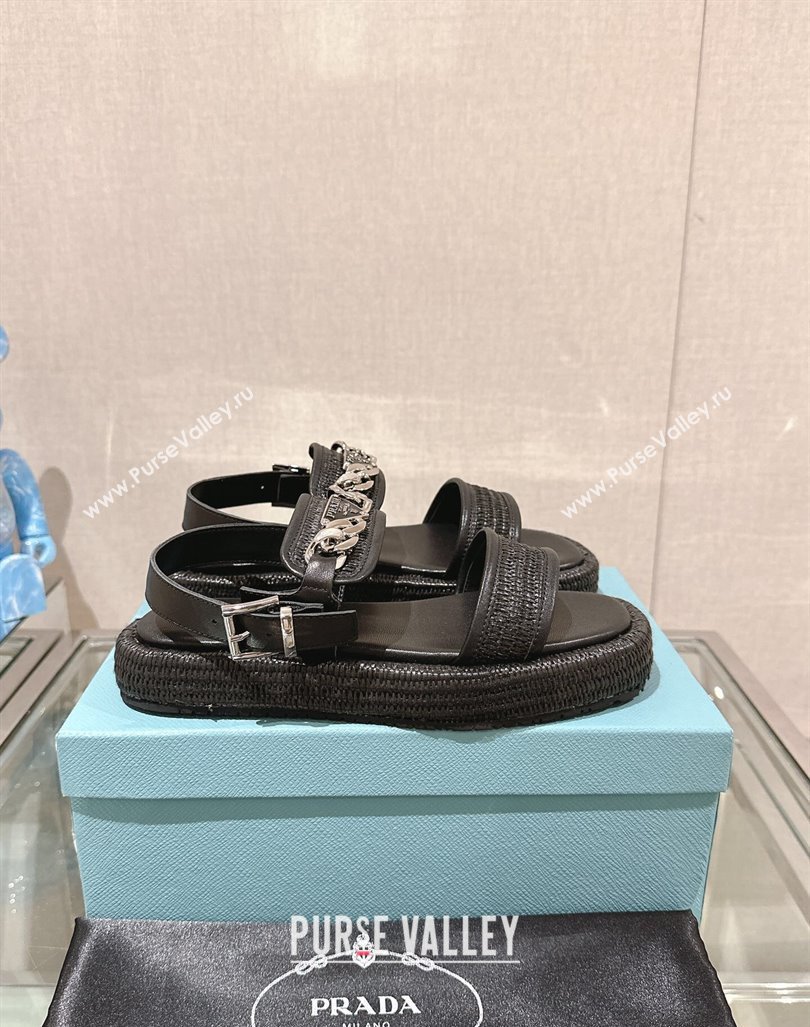 Prada Crochet Platform Flat Sandals with Chain Logo Black 2024 0430 (MD-240430001)