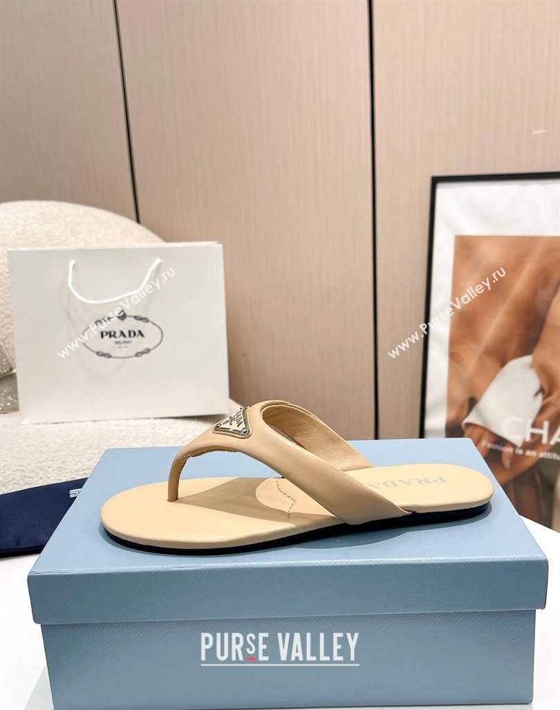 Prada Leather Flat Thong Slide Sandals Beige 2024 0430 (MD-240430097)