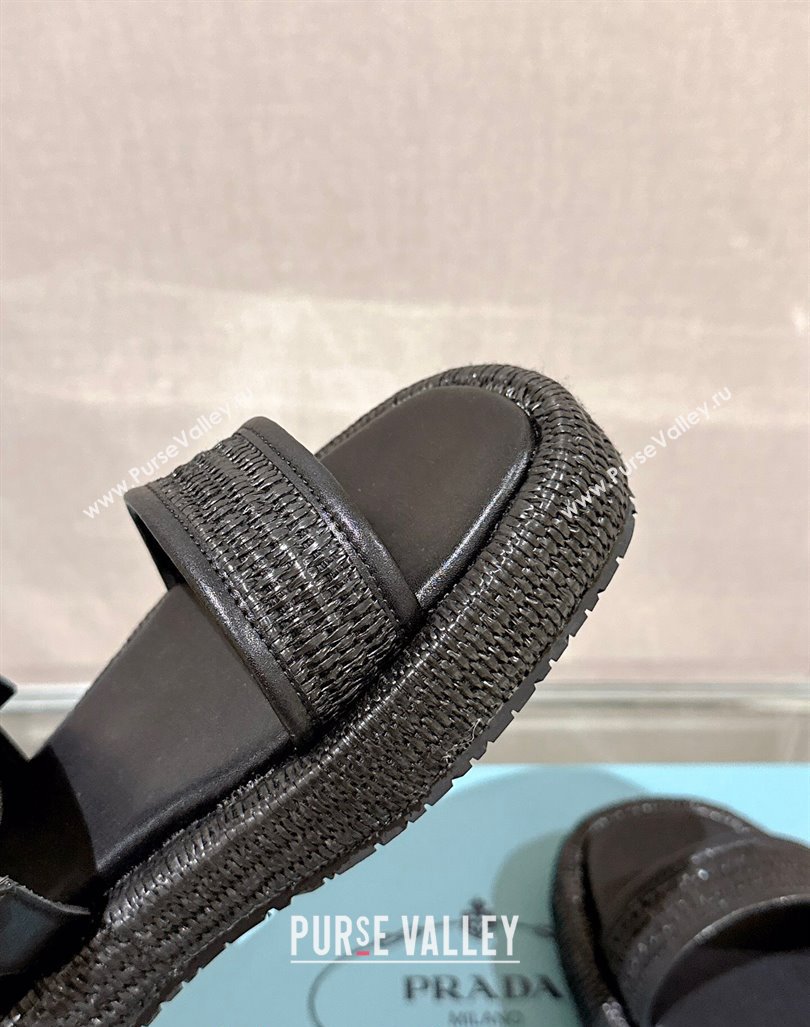 Prada Crochet Platform Flat Sandals with Chain Logo Black 2024 0430 (MD-240430001)