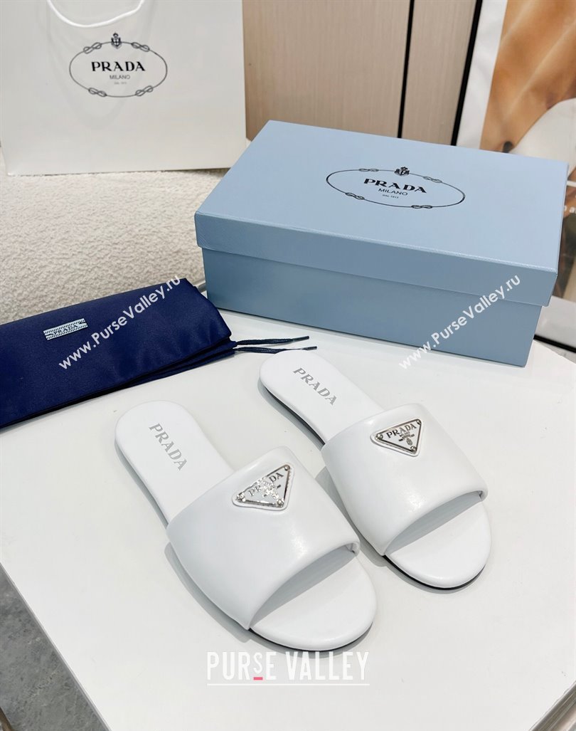 Prada Leather Flat Slide Sandals White 2024 043002 (MD-240430098)