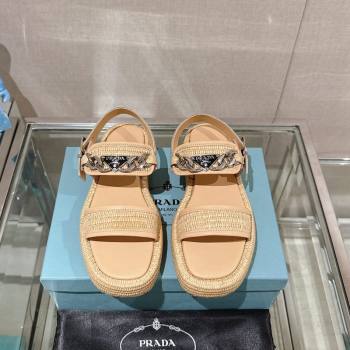 Prada Crochet Platform Flat Sandals with Chain Logo Beige 2024 0430 (MD-240430003)