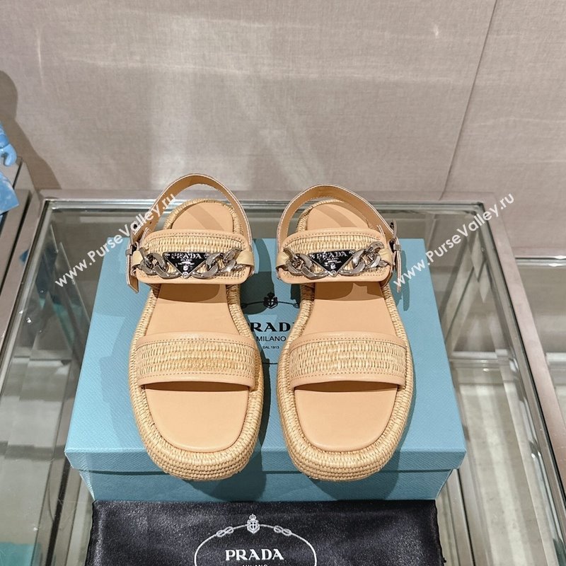 Prada Crochet Platform Flat Sandals with Chain Logo Beige 2024 0430 (MD-240430003)