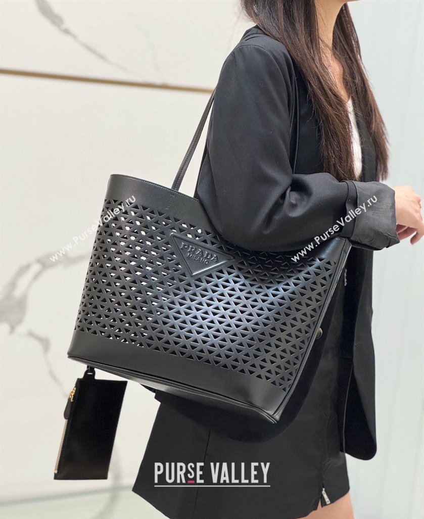 Prada Large perforated leather tote bag Black 2024 1BG503 (YZ-240524010)